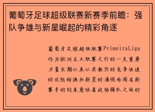 葡萄牙足球超级联赛新赛季前瞻：强队争雄与新星崛起的精彩角逐