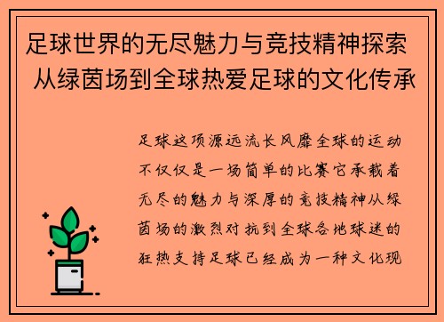 足球世界的无尽魅力与竞技精神探索 从绿茵场到全球热爱足球的文化传承