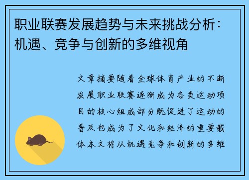职业联赛发展趋势与未来挑战分析：机遇、竞争与创新的多维视角