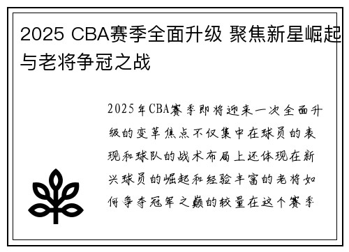 2025 CBA赛季全面升级 聚焦新星崛起与老将争冠之战