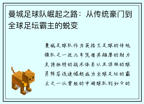 曼城足球队崛起之路：从传统豪门到全球足坛霸主的蜕变